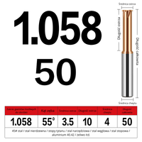 Frez 55° do gwintów Whitworth/BSW/BSF/BSP Rozmiar: 3.5x10x1.058x50L
