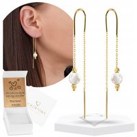 Złote kolczyki 585 przewlekane Z PERŁĄ ELEGANCKIE WISZĄCE NA PREZENT GRAWER