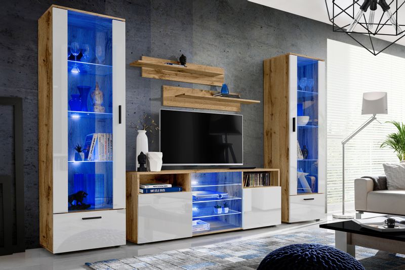 Pan Igiełka Szafka RTV LED Czarny Biały Dąb Wotan Połysk Mat  Blue LEDs zdjęcie 12