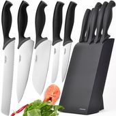 FISKARS ZESTAW KOMPLET 5 NOŻY NÓŻ SZEFA CZARNY BLOK DREWNO OSTRE STAL