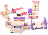 DREWNIANE MEBLE DO DOMKU DLA LALEK Mebelki DUŻY ZESTAW Komplet KOLOROWE