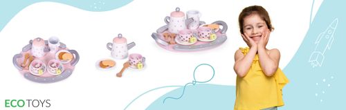 Drewniany zestaw do herbaty filiżanki czajnik 15 elementów ECOTOYS na Arena.pl