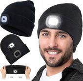 CZAPKA ZIMOWA OCIEPLANA Z LATARKĄ CZOŁOWĄ LED ŁADOWANA USB CZARNA