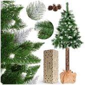 Choinka na pniu 140 cm sztuczna sosna diamentowa ośnieżona premium ze stojakiem i jutą