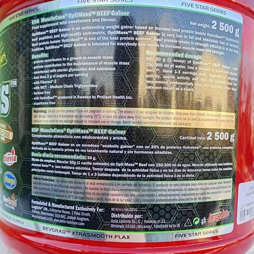 Gainer bez Cukru 5kg OptiMass Beef BCAA Glutamina Węglowodany Beef Protein na Arena.pl