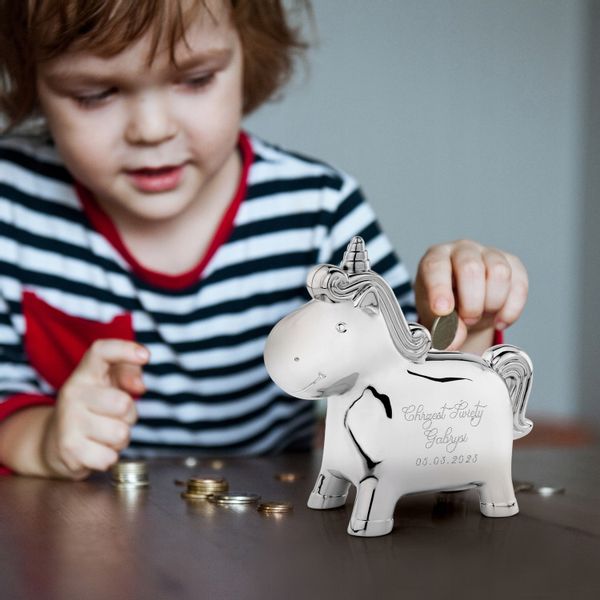 Skarbonka jednorożec srebrna prezent na chrzest pamiątka chrztu + GRAWER zdjęcie 4