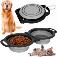 Podwójna miska podróżna na karmę i wodę dla psa, kota, składana, szaro-czarna