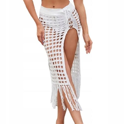 BIAŁA AŻUROWA MIDI SPÓDNICA PLAŻOWA BOHO PLAŻA LATO STYLOWA FRĘDZLE PROSTA zdjęcie 12