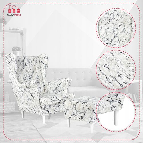 Fotel uszak ARI PRINT z podnóżkiem, skandynawski  marmurek na Arena.pl