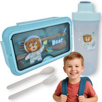 Lunchbox pojemnik do szkoły + sztućce bidon niebieski z misiem