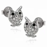 DELIKATNE RODOWANE SREBRNE KOLCZYKI WKRĘTKI MĄDRE SOWY SÓWKI OWL CYRKONIE