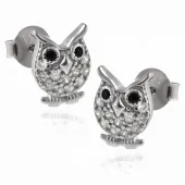 DELIKATNE RODOWANE SREBRNE KOLCZYKI WKRĘTKI MĄDRE SOWY SÓWKI OWL CYRKONIE