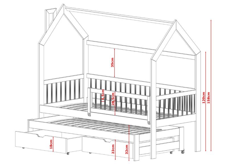 Łóżko 2- osobowe domek Papi 70x160 z wysuwem zdjęcie 2