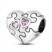 Zawieszka SREBRO 925 Charms Koralik Serce Puzzle Różowe cyrkonie