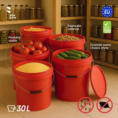 Wiadro na żywność 30L Czerwone z rączką i pokrywą na Arena.pl