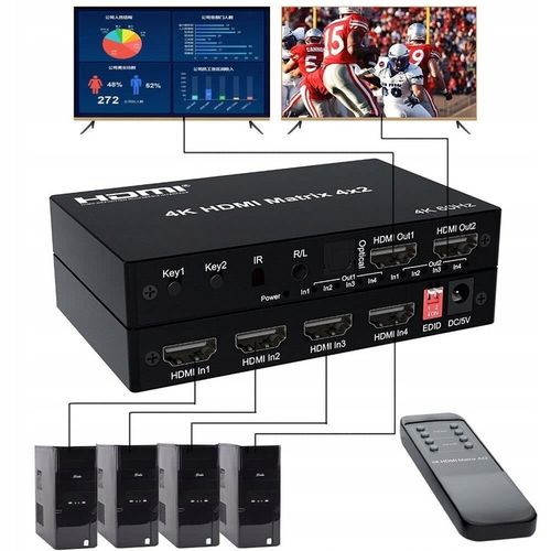 Matrix HDMI Switch Splitter 4x2 4K HDCP Rozdzielacz Toslink Jack + Pilot IR na Arena.pl