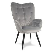 Fotel uszak z weluru na metalowych czarnych nogach skandynawski do salonu szary F916G