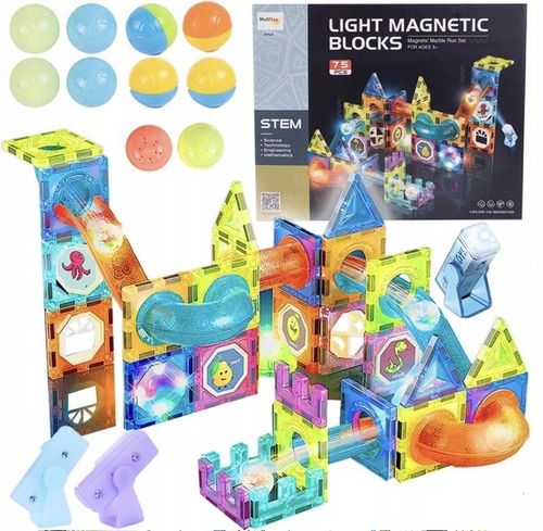 KLOCKI MAGNETYCZNE ŚWIECĄCE STEM 75 ELEMENTÓW TOR KULKOWY LED3+ MAGNA TILES na Arena.pl