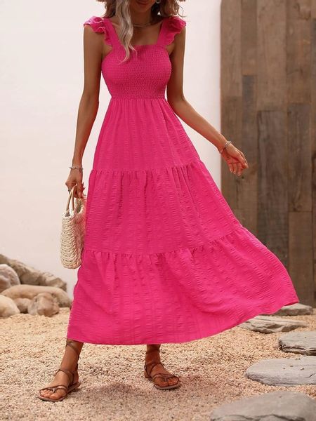 LETNIA SUKIENKA LUŹNA CODZIENNA MAXI RÓŻOWA MARSZCZENIA KOBIECA NA PLAŻĘ zdjęcie 6