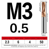 Frez do gwintowania M0.8-M20 - wieloostrzowy Rozmiar: M3x0.5x50L - TiSiN