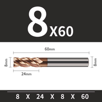 Frez TiSiN 4 ostrza Z-4 do stali nierdzewnej do 55HRC Rozmiar: Ø8x24x8Dx60L