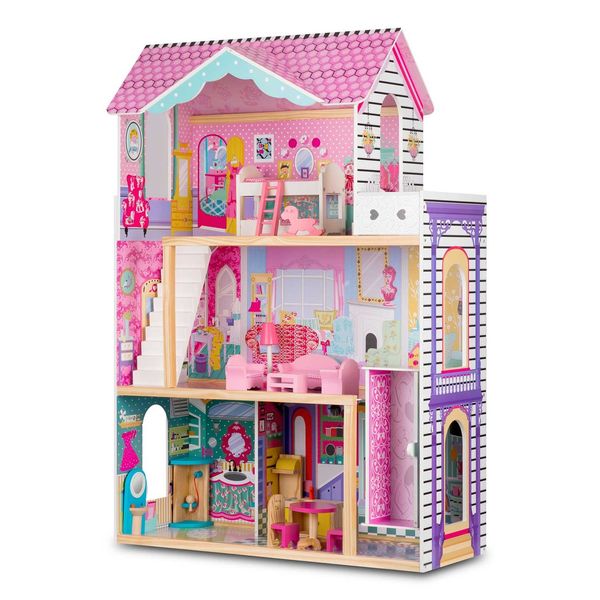 Drewniany domek dla lalek duży 3-piętrowy z windą i lampką LED zdjęcie 6