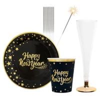 Zestaw zastawy na sylwestra - talerzyki, kubeczki, kieliszki + zimne ognie