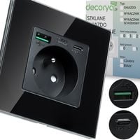 NAŚCIENNE SZKLANE GNIAZDKO ELEKRTYCZNE NOWOCZESNE CZARNE Z BOLCEM USB USB-C