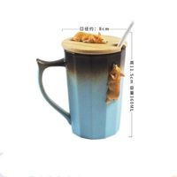 Kubek Ceramiczny - Z Drewnianą Pokrywką - Idealny do Kawy Lub Herbaty Brązowo Niebieski 360-400ml