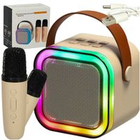 Zestaw Karaoke Głośnik Bluetooth Przenośny + 2 Mikrofony LED USB Beżowy
