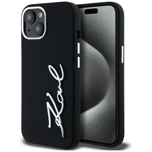 Etui Karl Lagerfeld Silicone Metal Script Logo na iPhone 15 - czarne na Arena.pl