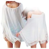 Narzutka sukienka tunika pareo letnia na plażę biała boho z koronką szyfon