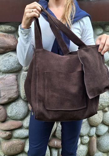 Torebka CZEKOLADOWA zamszowa shopper Vera Pelle SKÓRA ZAMSZ NATURALNY na Arena.pl