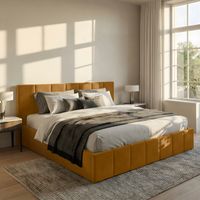 ŁÓŻKO TAPICEROWANE DO SYPIALNI 160x200 ŁÓŻKO PREMIUM Z POJEMNIKIEM ŻÓŁTE