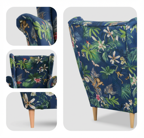 Fotel uszak skandynawski wzorzysty niebieski liście Ari Print Family Meble na Arena.pl