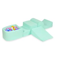 Piankowy plac zabaw z górką i z basenem micro miętowy + 100 piłek (jasny błękit, żółte, wrzos, pudrowy róż, białe)