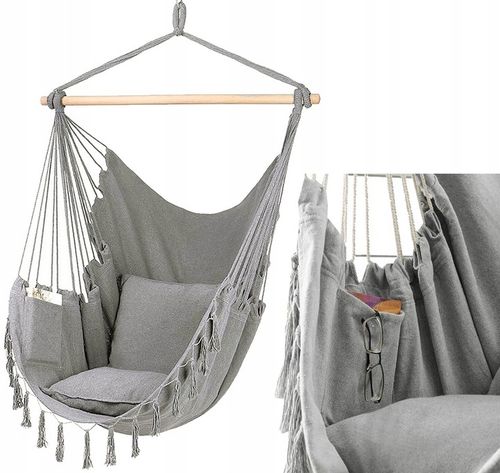 KRZESŁO BRAZYLIJSKIE FOTEL WISZĄCY HAMAK HUŚTAWKA JASNY SZARY Z PODUSZKAMI na Arena.pl