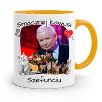 Kubek Żółty Śmieszny Pis Jarosław Kaczyński Z Nadrukiem Ze Zdjęciem
