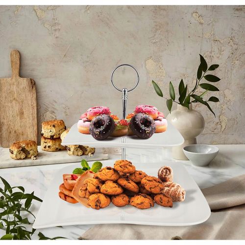 PATERA PORCELANOWA NOWOCZESNA BIAŁA 2 POZIOMOWA TACKA NA CIASTO SREBRNA na Arena.pl