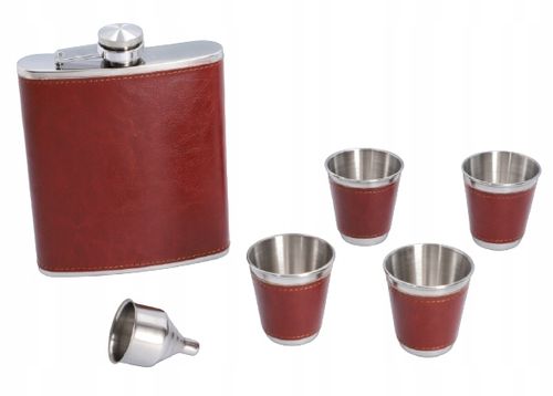 Duża Brązowa Piersiówka Pokryta Skórą 540 ml + 4 Kieliszki 80 ml + Lejek na Arena.pl