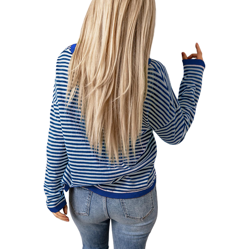 Bluzka damska w paski longsleeve bawełna biało-niebieska okrągły dekolt S na Arena.pl