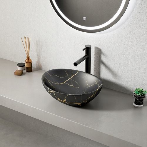 Umywalka nablatowa czarny mat marmur z żyłkami owalna ceramiczna 41x34,5 cm na Arena.pl