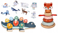 Piramidka sensoryczna Lis Dinozaur drewniany z cyferkami Naplamka Adamtoys