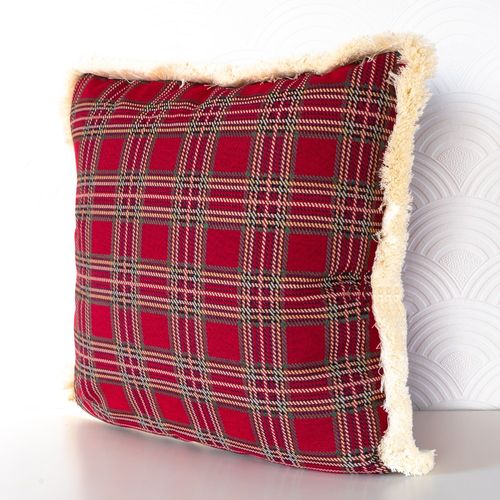 Poszewka 30x50  Świąteczna czerwona krata z frędzlami ecru na Arena.pl