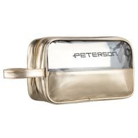 złota kosmetyczka z tkaniny syntetycznej wyposażona w wygodny uchwyt