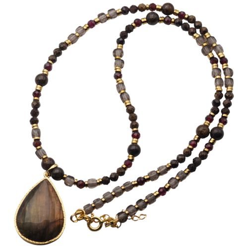 Naszyjnik z Labradorytem, Granatem i Kwarcem Dymnym – ręcznie wykonany, srebro pozłacane 925 na Arena.pl