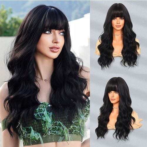 PERUKA DAMSKA WŁOSY DŁUGIE CZARNE FALE SZTUCZNE SYNTETYCZNE 65 CM Z GRZYWKĄ na Arena.pl