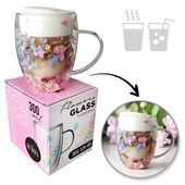 szklanka termiczna z kwiatami w środku, gipsówka hortensje