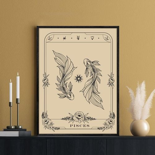 Obraz na Płótnie Czarna Rama 40x60 cm Dekoracja Gotycka Tarot Ryby Księżyc na Arena.pl