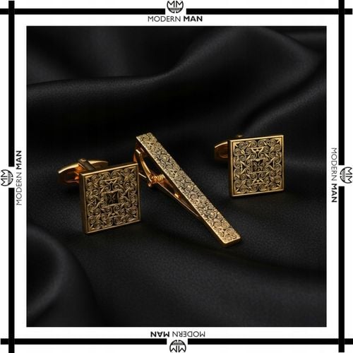 ZESTAW SPINKI DO MANKIETÓW I KRAWATU ZŁOTE NOWOCZESNE PREZENT DLA NIEGO na Arena.pl